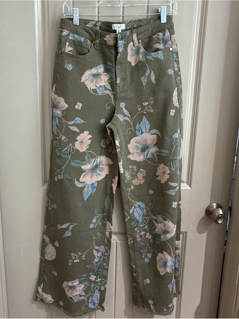 Olive Green Floral Wide-Leg Jeans by Easel